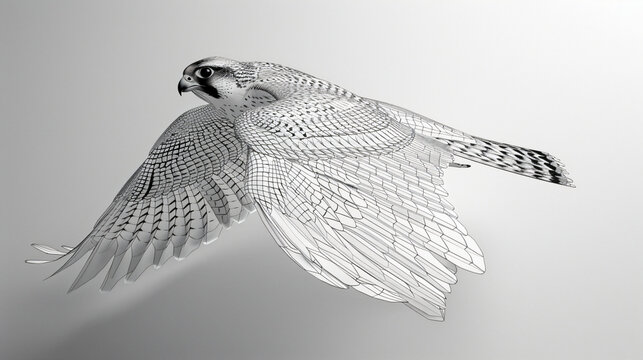 Digital art of a wireframe peregrine falcon gliding with detailed feather pattern on a grey backdrop. Ideal for conceptual graphics and wildlife technology themes