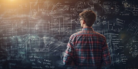 A thoughtful man stands before a blackboard filled with complex equations, indicating deep concentration and analysis - obrazy, fototapety, plakaty