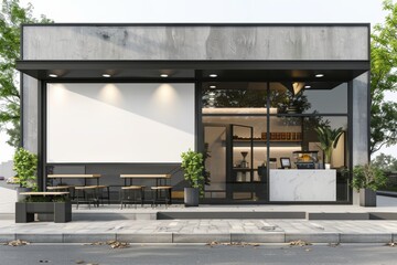 Modern coffee shop exterior with inviting outdoor seating and contemporary design