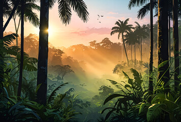 Jungle mist drifting through the trees at dawn vector art illustration image.

