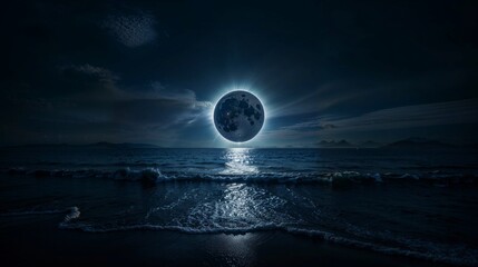 moon eclipse over calm ocean at night with glistening water reflection, mystic nocturnal landscape. - obrazy, fototapety, plakaty