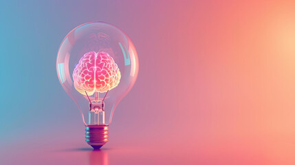 A lightbulb with a glowing brain inside,with confeti minimal pastel gradient background