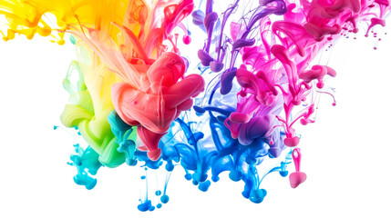 Dynamic swirl of multicolored ink in water with vibrant spectrum of colors against white backdrop