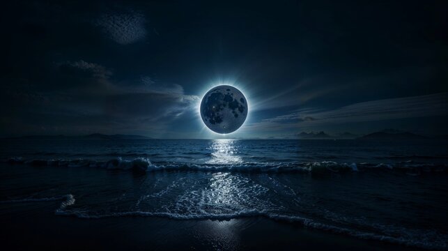 moon eclipse over calm ocean at night with glistening water reflection, mystic nocturnal landscape.
