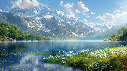 Naklejka na ściany i meble Landscape mountain in morning light reflected in calm waters of lake, beautiful wallpaper.