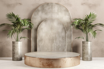 Podium with large tropical plants in cylindrical metal pots in neutral-toned space.