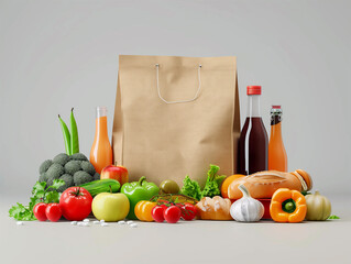 A brown paper bag filled with fruits and vegetables. The bag is placed on a table with a variety of produce, including apples, oranges, and broccoli. There are also bottles of juice and bread nearby. - 787429631
