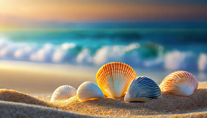 Close-up of beautiful sea shells on shore of the sandy beach. Blurred natural background. - obrazy, fototapety, plakaty