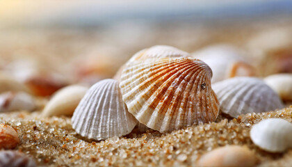 Fototapeta na wymiar Close-up of beautiful sea shells on shore of the sandy beach. Summer vacation and travel