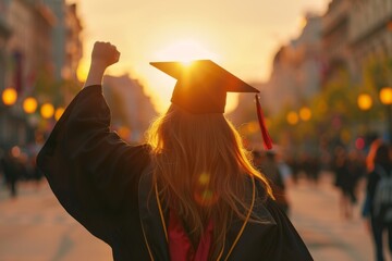 Female college graduate celebrating with fist raised at sunset, close up on her cap and gown, symbolizing achievement in education Generative AI - obrazy, fototapety, plakaty