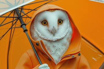 White owl in autumn rain coat under open umbrella, for creative seasonal promotions - 787429845