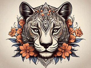 Linear hand drawing head of panther with flowers and mandala ornament for greeting card invitation Henna drawing and tattoo template Vector illustration