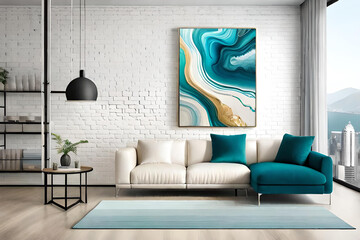 Marble abstract acrylic painting in the interior of the room. Marbling artwork texture.