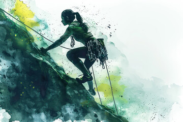 Green watercolor painting of female professional rock climber, practice - obrazy, fototapety, plakaty