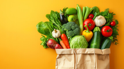 A bag of vegetables is displayed on a yellow background. The vegetables include broccoli, carrots, tomatoes, and peppers. The bag is brown and he is full, suggesting that it is a grocery bag. - 787430425
