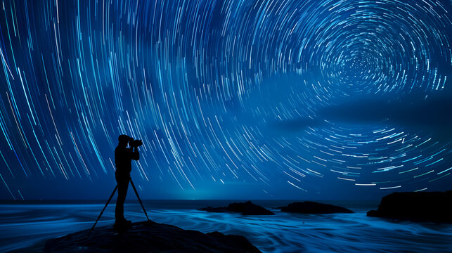 A silhouette of photographer capturing a long exposure of star trails, symbolizing the infinity of time and space