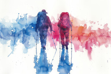 Pink watercolor painting of a couple hiking in forest, adventure