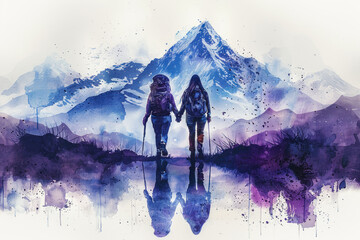 Purple watercolor painting of a couple hiking in forest, adventure - obrazy, fototapety, plakaty