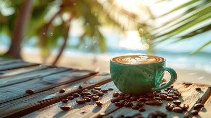 cup of delicious cappuccino on the wooden table next to the beach with green palm trees - obrazy, fototapety, plakaty