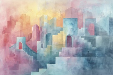 Abstract interpretation of a castle, cubist art style, fragmented shapes and vibrant colors, surreal setting, watercolor style. - obrazy, fototapety, plakaty