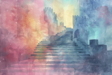 A whimsical fortress emerges in a dreamlike world, with sharp angles and vivid hues blending seamlessly in a watercolor haze.