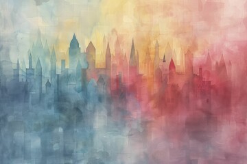 Exploring a dreamlike fortress through prism-like hues, scattered forms, and an otherworldly watercolor panorama. - obrazy, fototapety, plakaty