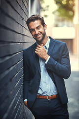 Happy, businessman and portrait in city by wall for corporate fashion, trendy and suit. Male...