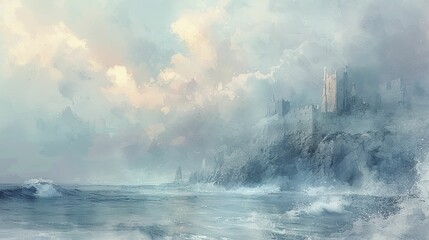 A majestic fortress stands against the raging sea under turbulent skies, illuminated by moody watercolor hues and crashing waves.