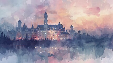 Castle converted into a luxury hotel, sophisticated decor, guests enjoying amenities, elegant evening scene, watercolor style. - obrazy, fototapety, plakaty