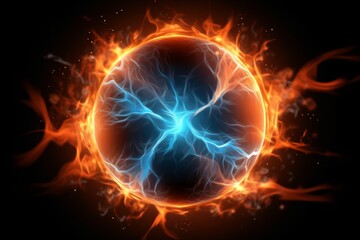 Electric ball, lightning circle strike impact place, plasma sphere in orange blue color isolated on dark background. Powerful electrical discharge, magical energy flash. 