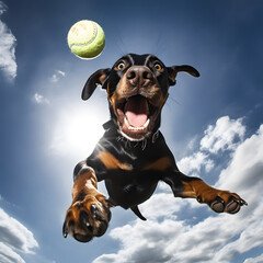 Dog jumping happily in the air catching a ball.  Rottweiler training with ball.