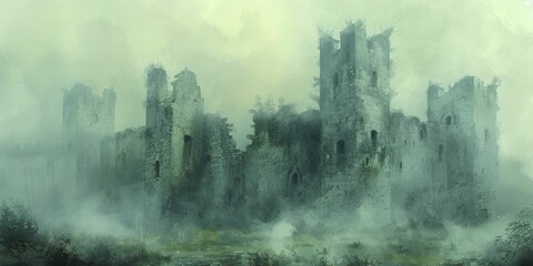 Castle in a post-apocalyptic setting, ruins and decay, overgrown vegetation, foggy and desolate atmosphere, watercolor style. - obrazy, fototapety, plakaty