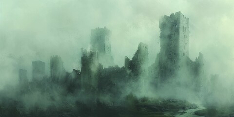 Amidst ruins and overgrown greenery, a desolate castle shrouded in fog emerges in a watercolor painting of a post-apocalyptic world.