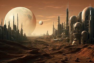 Science fiction landscape with futuristic city at orange dusk on the alien planet. - obrazy, fototapety, plakaty
