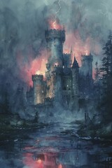 Castle in a storm, lightning striking, dynamic and powerful natural elements, dramatic weather conditions, watercolor style.