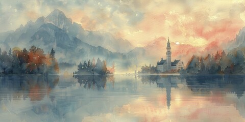 The tranquil lake embraced the castle's reflection in the serene early morning light, with mist gracefully rising in a watercolor scene. - obrazy, fototapety, plakaty