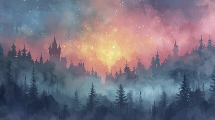 Dazzling telescopes dot the castle grounds as astronomers unravel mysteries under the starlit watercolor sky. - obrazy, fototapety, plakaty