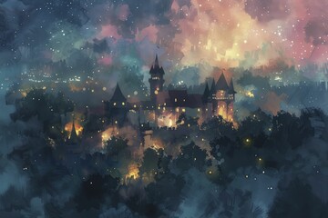 Capturing the enchanting allure of a medieval castle at night, with glowing courtyards, deep shadows, and a star-studded sky in watercolor.