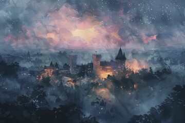 Capturing the majestic medieval castle from above at night, with its glowing courtyards, captivating shadows, and a starry sky in watercolor hues.