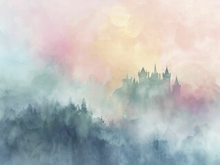 An ancient castle emerges from the mist, embraced by a fog-shrouded forest under soft natural lighting in a mesmerizing watercolor scene.