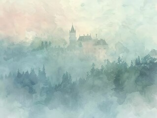 An ancient castle rises from the misty forest, bathed in soft light, evoking a watercolor painting on a serene morning.