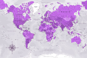 World Map - Highly Detailed Vector Map of the World. Ideally for the Print Posters. Amethyst Lilac Purple Colors. With Relief and Depth - obrazy, fototapety, plakaty