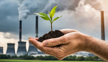 mãos segurando planta em frente complexo industrial e poluição, conceito ecológico sustentabilidade