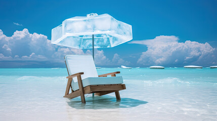 Ice chair on the beach, refreshing concept. Vacation on the hot shore with cold chair. - obrazy, fototapety, plakaty