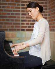 Piano, musician or Asian woman in home for music training for an artistic classical performance for...
