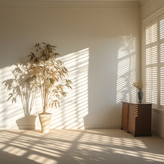 Empty minimalist room with a gray wall in the background. The shadow of the sun's rays.
Nature cocept.