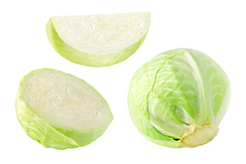 Cut and whole fresh cabbage isolated on white