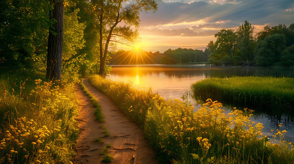 Path by the lake at golden hour in summer, tranquil scenery with warm hues, inviting exploration and relaxation amid nature's beauty