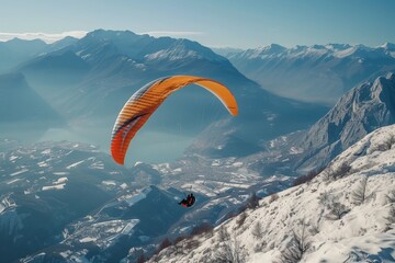 Crisp winter air surrounds a paraglider cruising above snow-capped mountains and frozen lakes, AI generated.