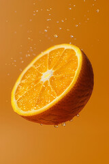 Suspended against an amber backdrop, this orange half and slice exude warmth and vitality - AI Generated